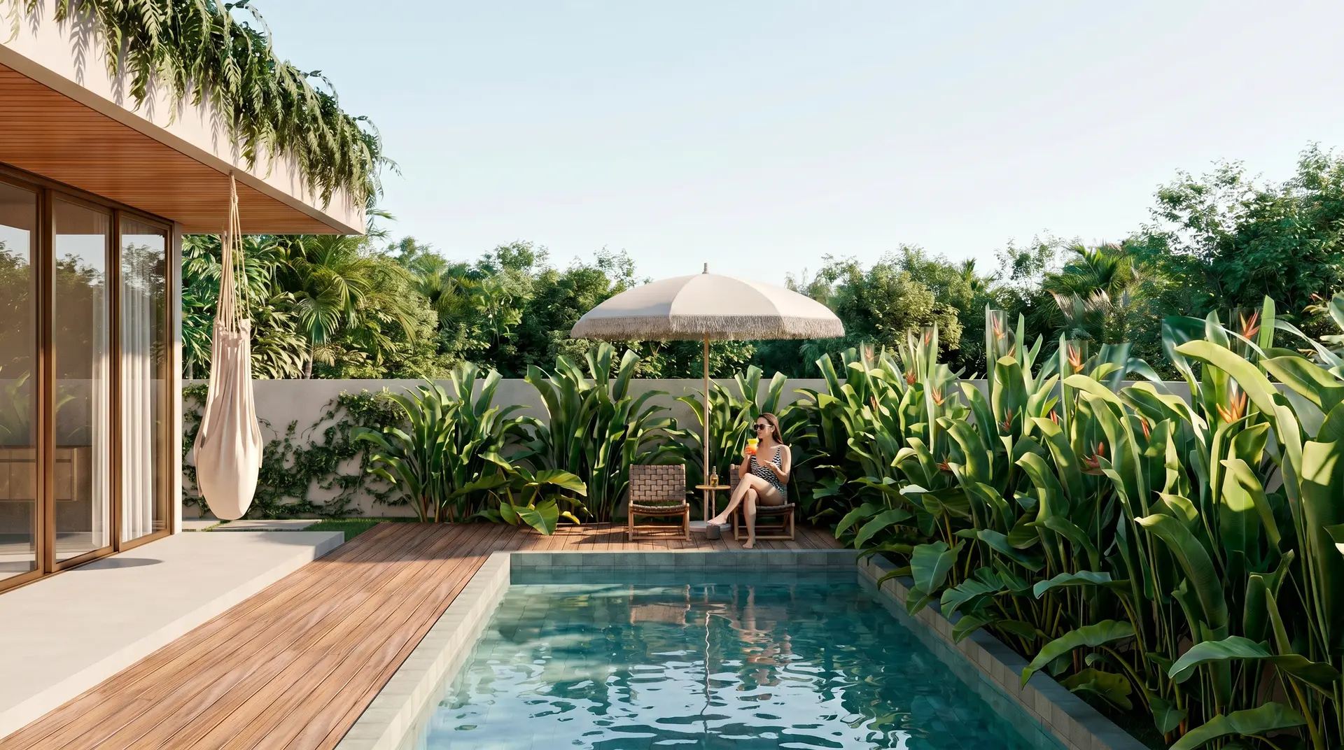 Área de lazer e piscina da Casa JH